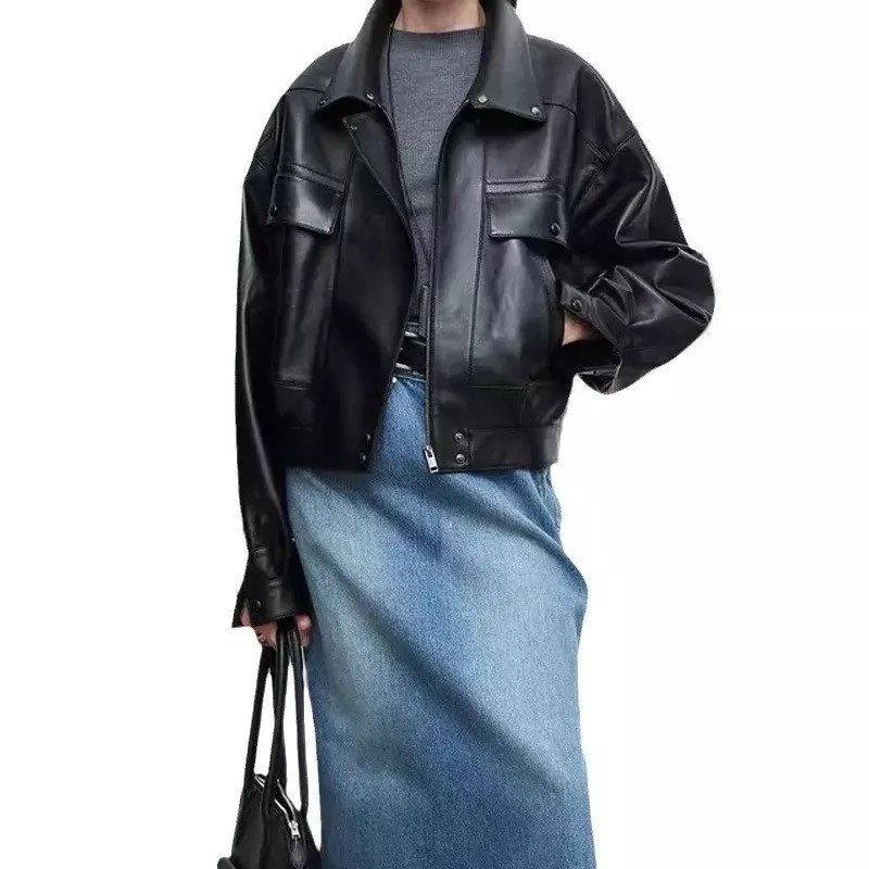 Oversized Black Genuine Leather Bomber Jacket Cargo Pockets Women S M L XL – 217
