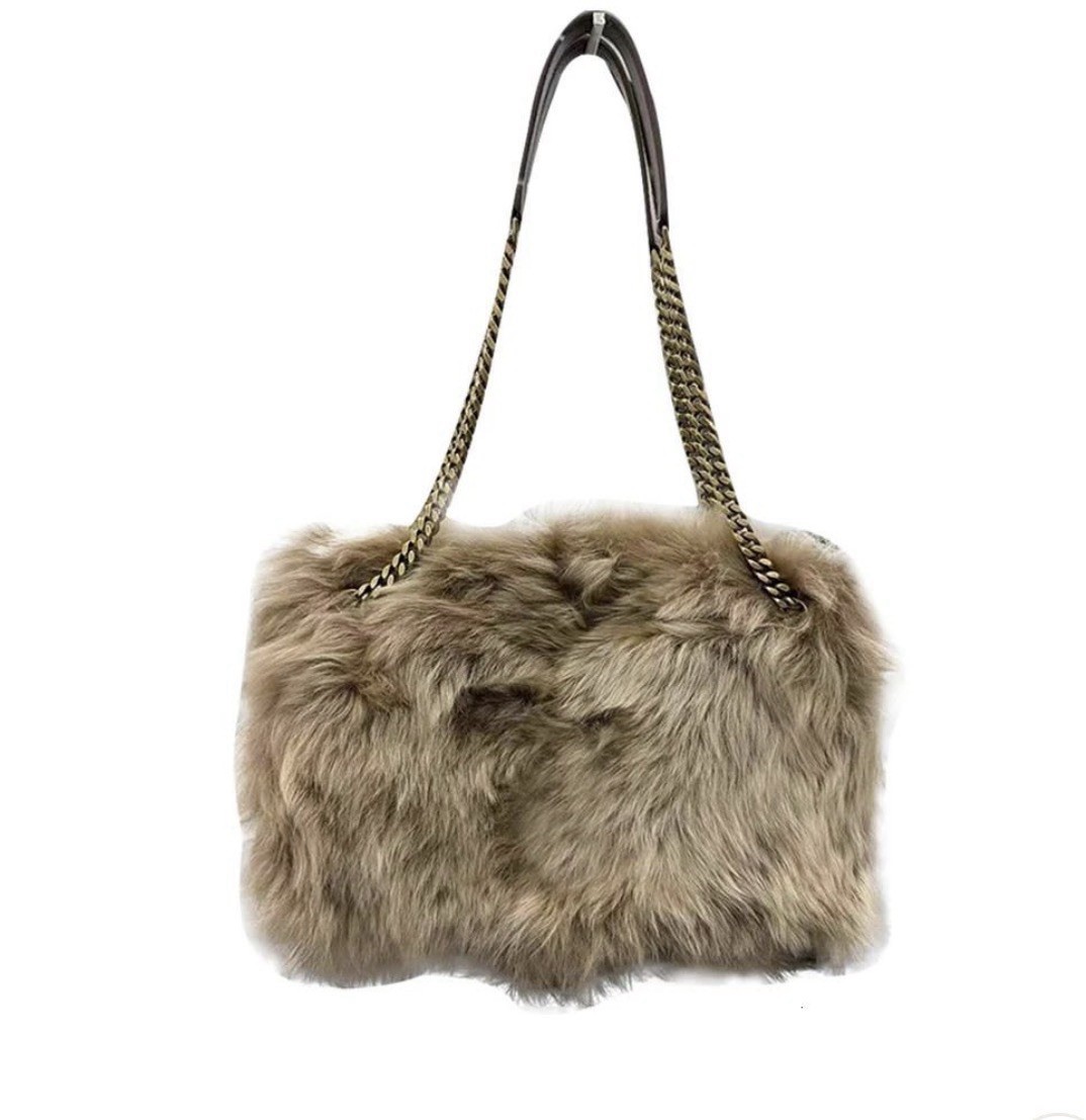Large Faux Fur Shoulder Bag Soft Plush Winter Tote with Chain Strap Brown/Beige