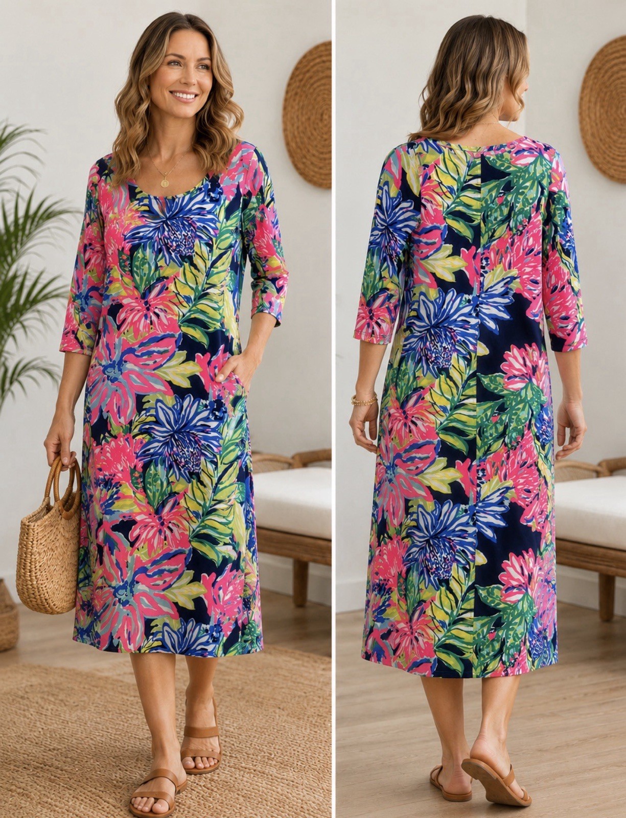 Lilly Pulitzer Pima Cotton Tropical Floral Midi Shift Dress 3/4 Sleeve Women M