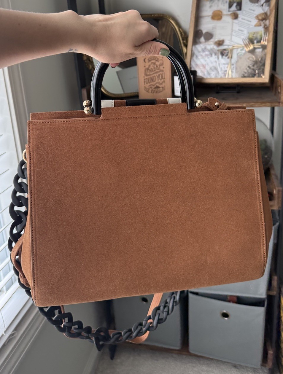 Bagging Rights Cognac Suede Tote Black Cream Stripe Two Straps Rare