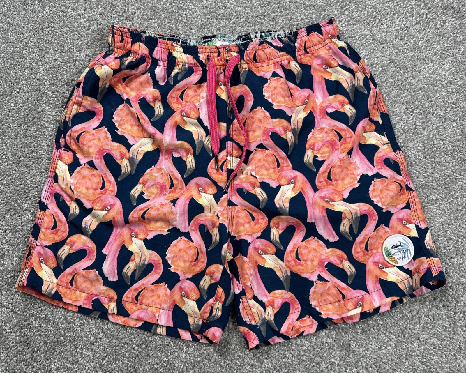 Spicy Tuna Flamingo Swim Trunks Men’s Small Pink Tropical Bird Print Mesh Lined