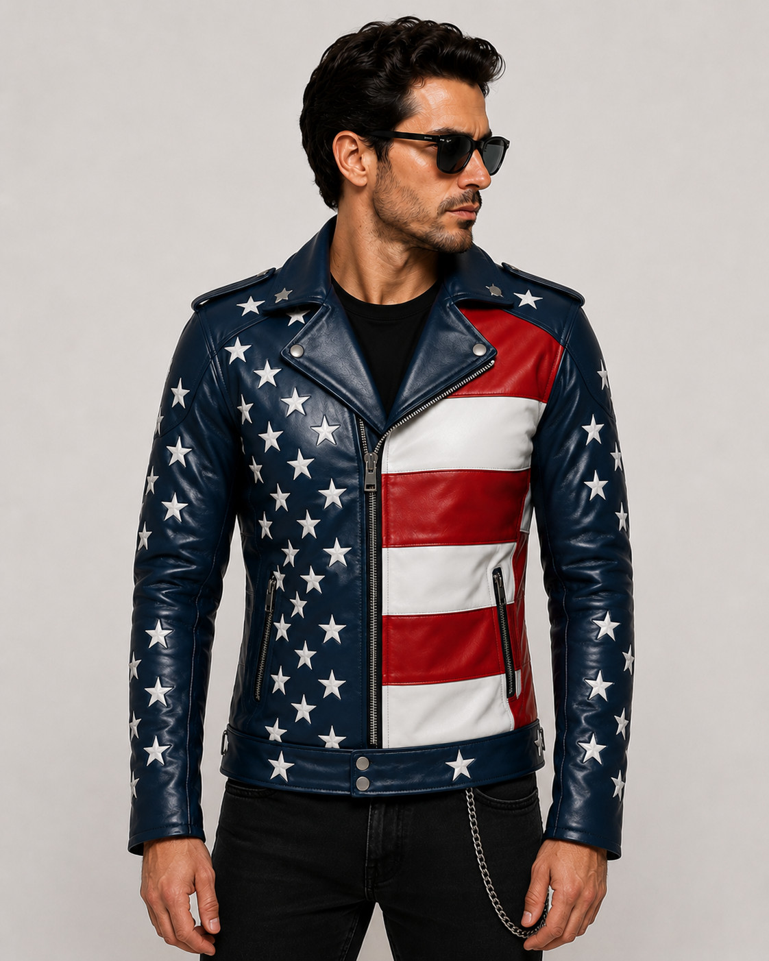 Men’s USA Flag Leather Biker Jacket – American Moto Patriotic Stars Stripes Coat