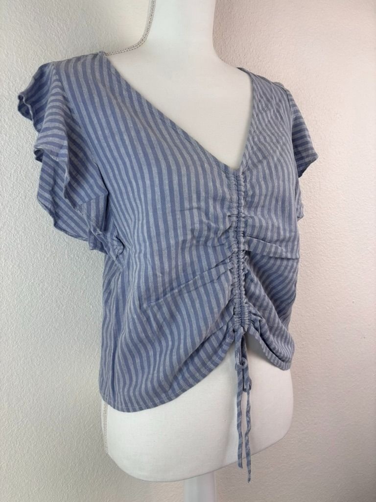 Madewell women’s 0 linen-blend ruffle sleeve drawstring crop top in stripe blue