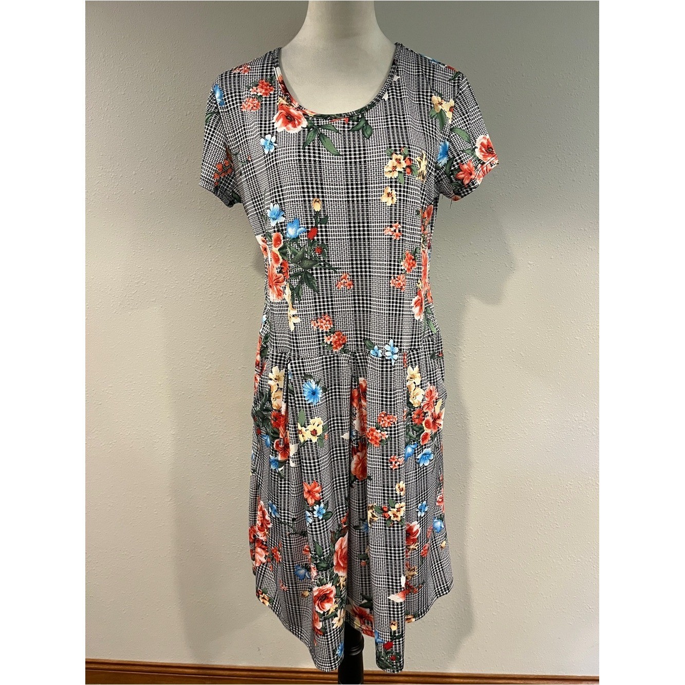 PaoLino Floral Plaid Short Sleeve stretchy Dress