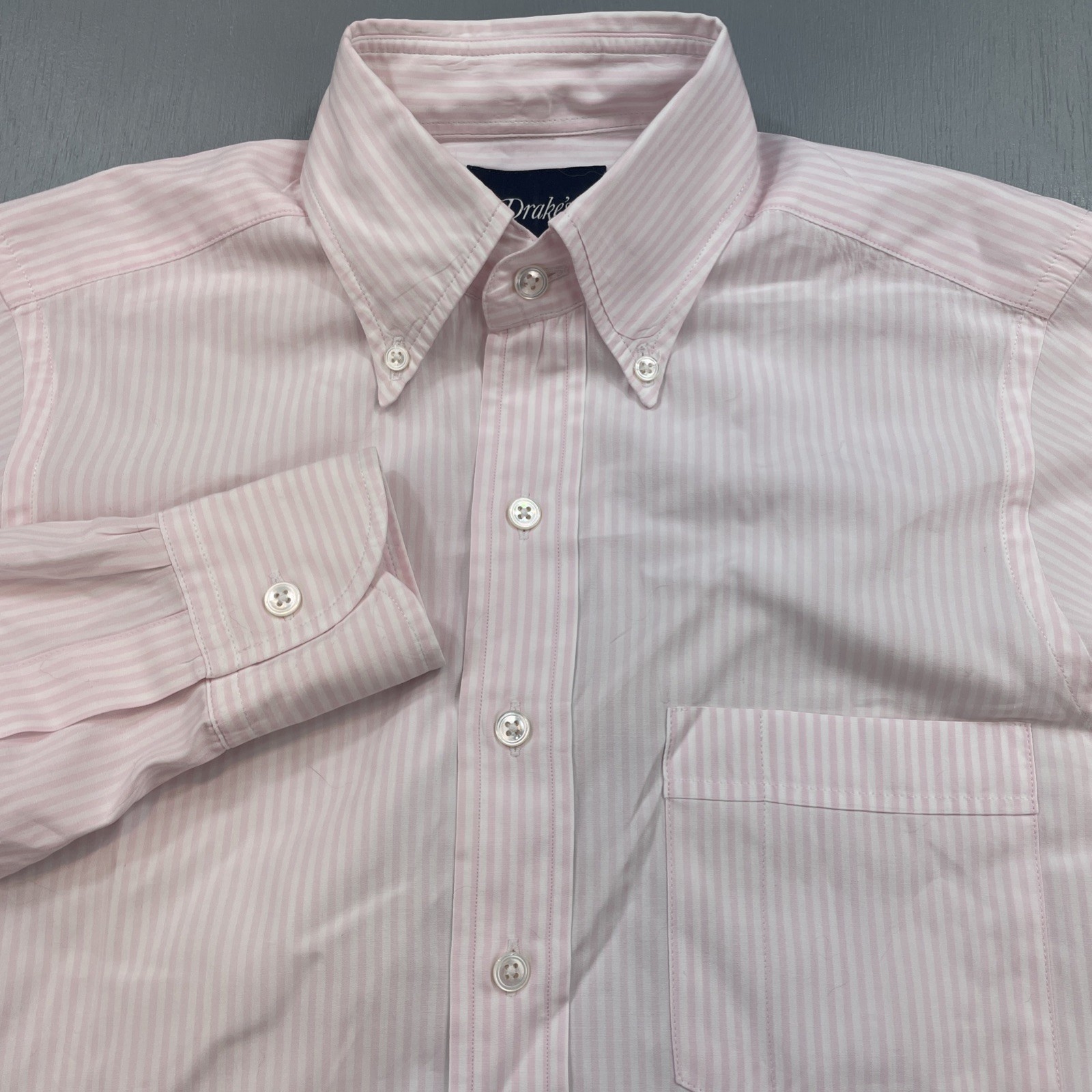 Drakes London Shirt Mens 14.5 37 Pink Pencil Pinstripe Business Formal Cotton