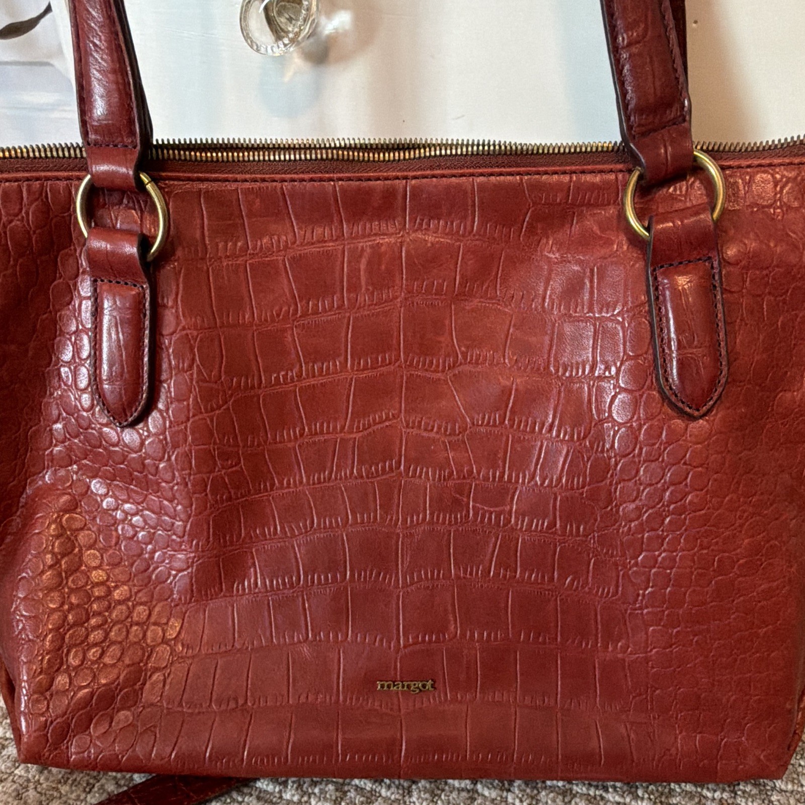Margot Genuine Leather Embossed Crocodile Tote Bag Crimson Red Detachable Strap