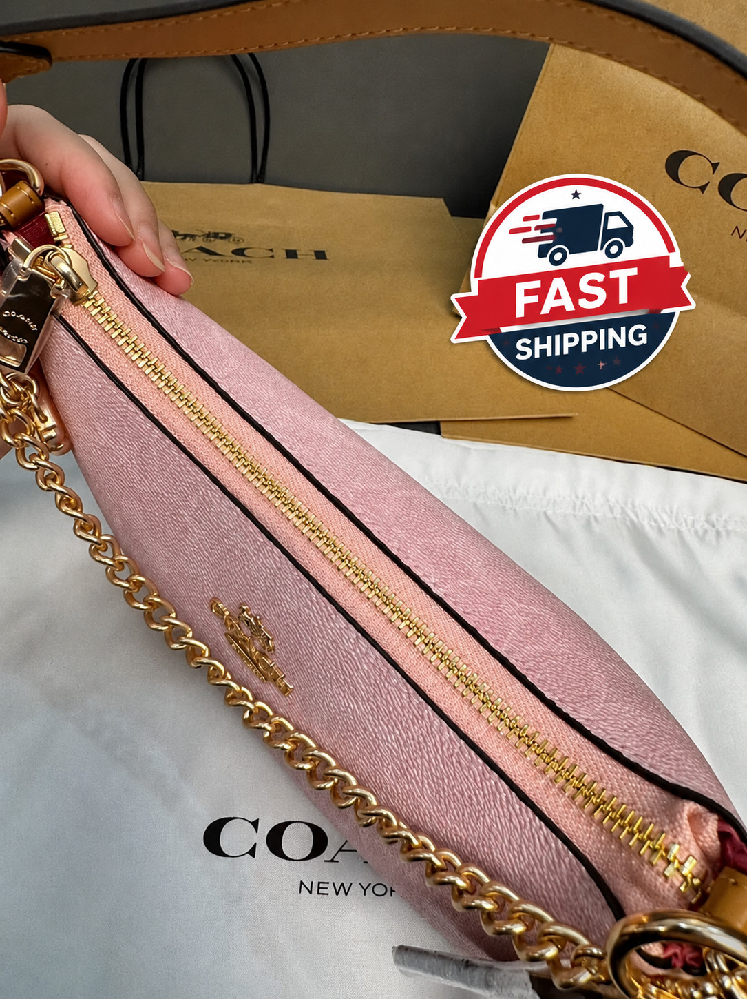 NWT Teri Shoulder Bag Signature Canvas With Charms Gold/Powder Pink CEA20