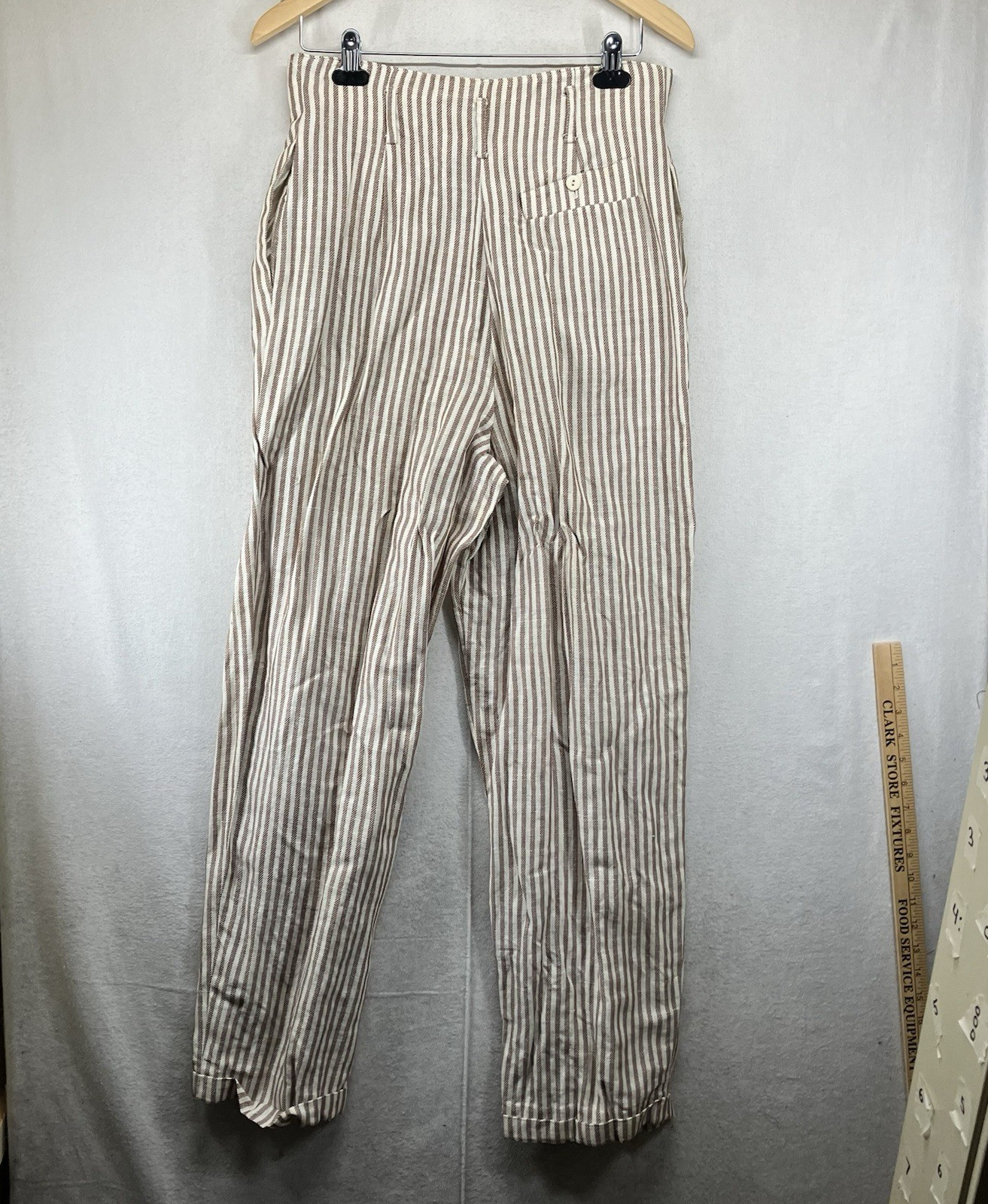 Vintage Women’s Linen Blend Paper Bag Waist Pleated Pants Beige Brown Striped 12