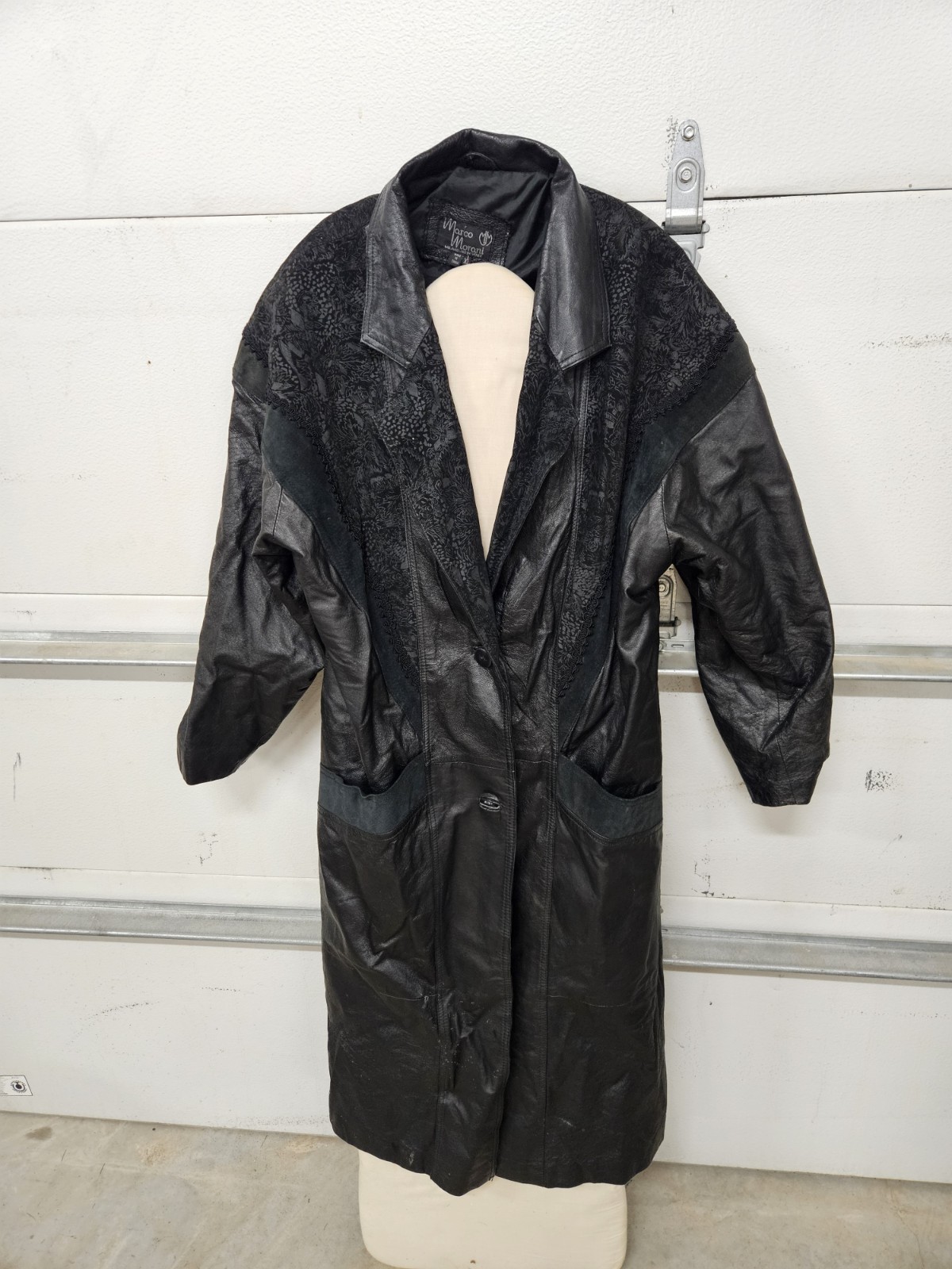 Vintage Marco Morani Genuine Leather Black Long Coat Trench Jacket Womens XL