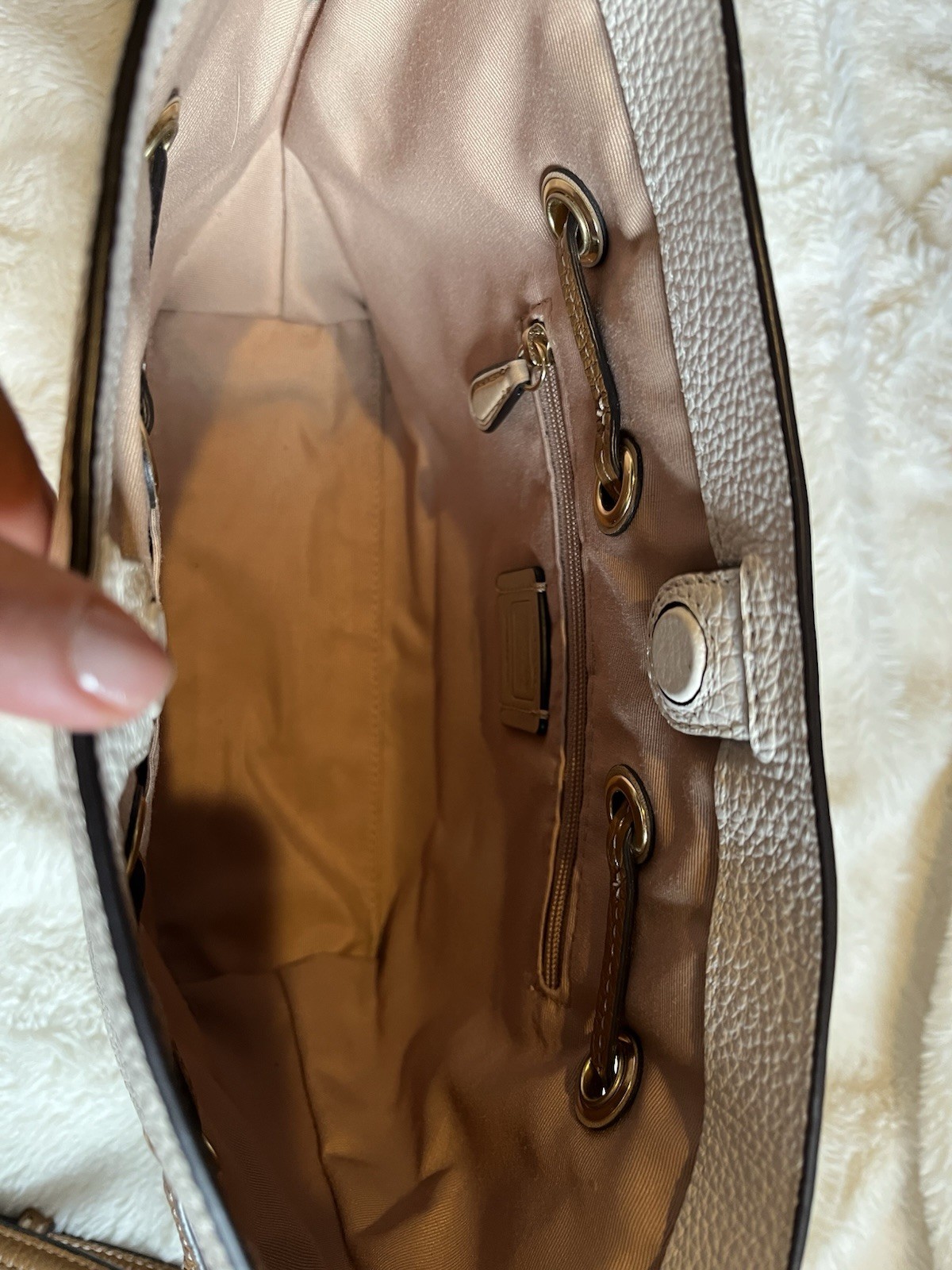 Coach Pebbled Beige Medium Crossbody, Brown Strap, Tassel, Gold Hardware