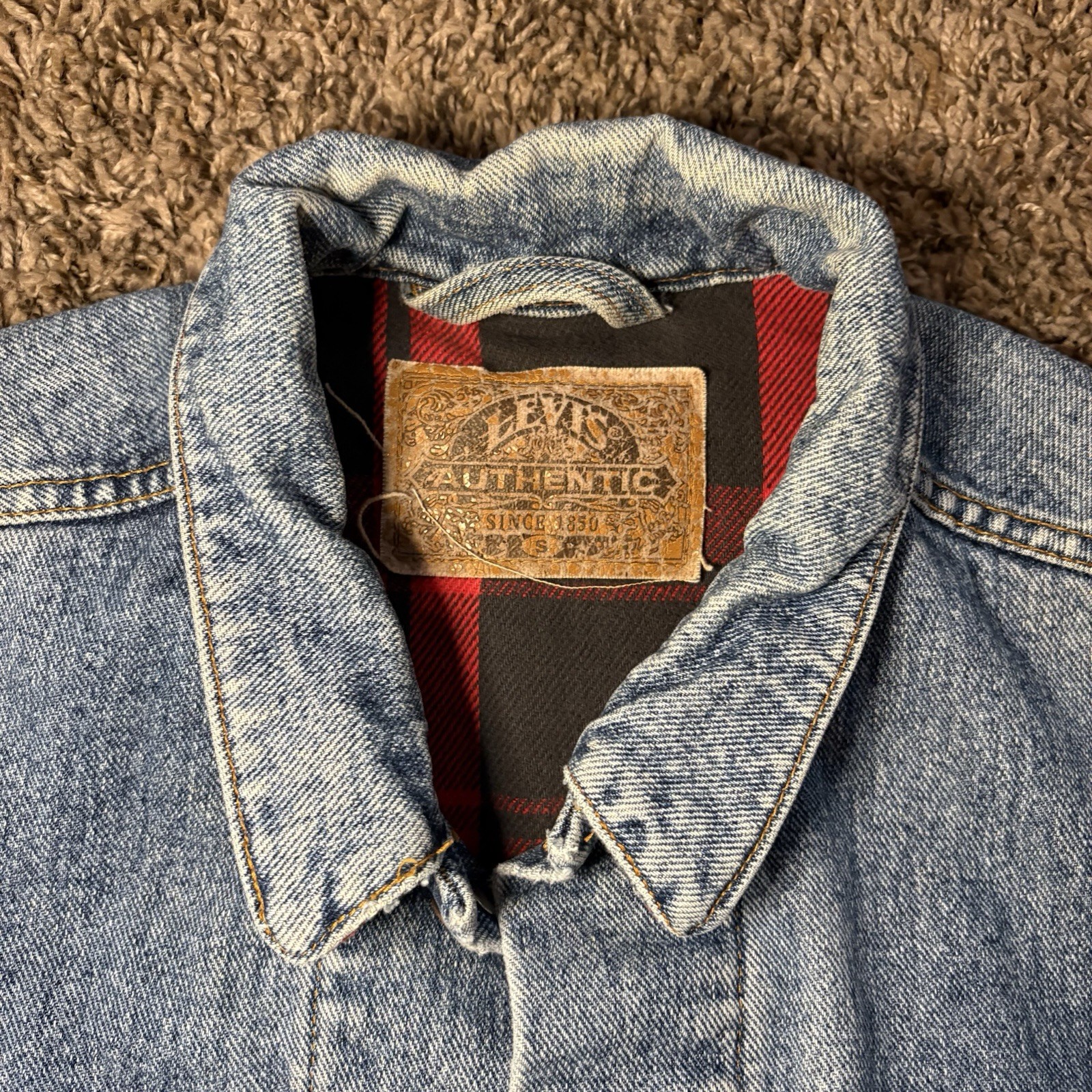 Vtg Levis Denim Trucker Jacket Buffalo Plaid Flannel Lined Sz S 80s