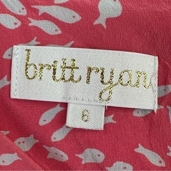 Britt Ryan Pink Silk 3/4 Sleeve Fish Print Dress 6 Resort Preppy Novelty Coastal