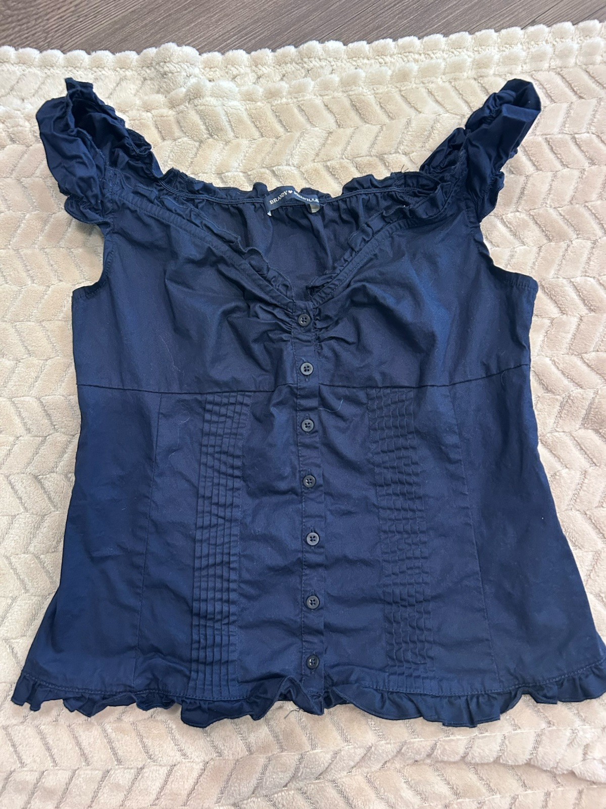 Brandy Melville Navy Cotton Woven Square Neck Button Ruffle Tank One Size