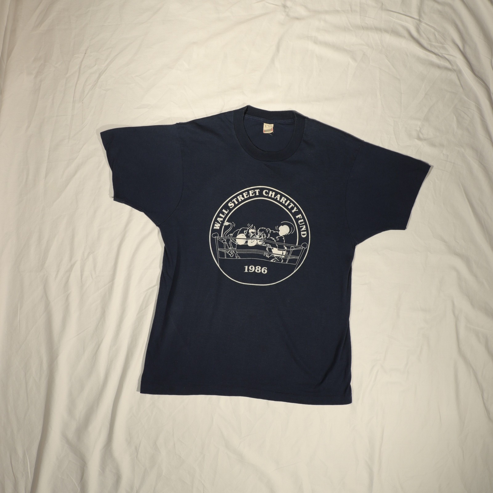 navy blue wall street charity fund 1986 political funny t-shirt men’s meduim