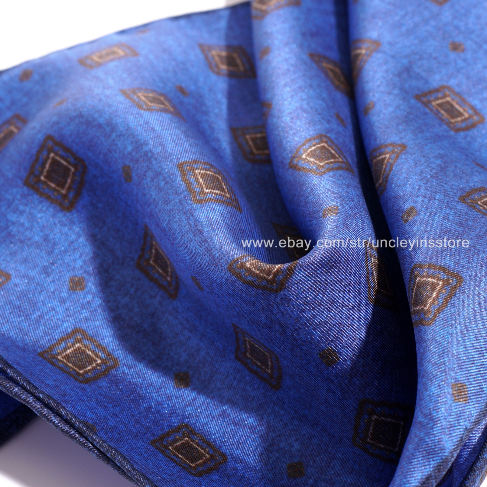 Men’s 21″ Silk Twill Pocket Square Hand Rolled Vintage Geometric Blue Brown