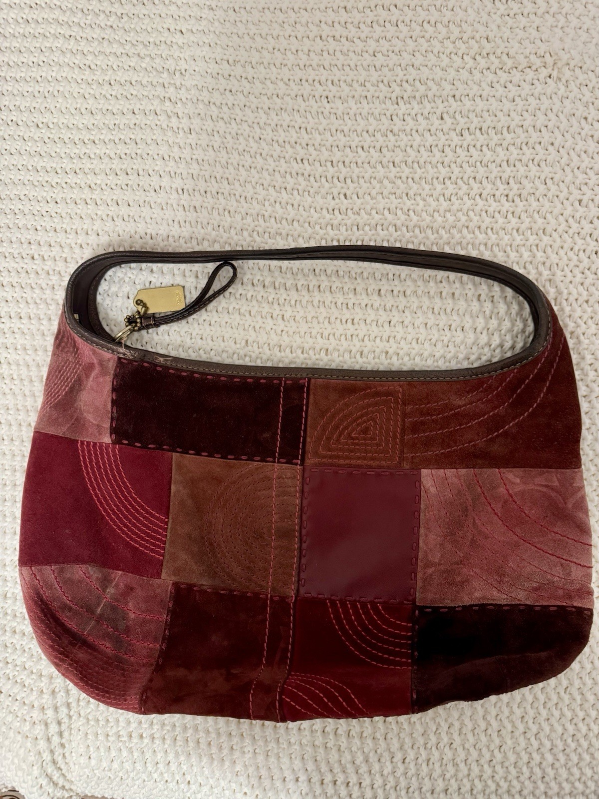 Coach Burgundy Patchwork Crescent Shoulder Bag Zip Top Turnlock + Charm
