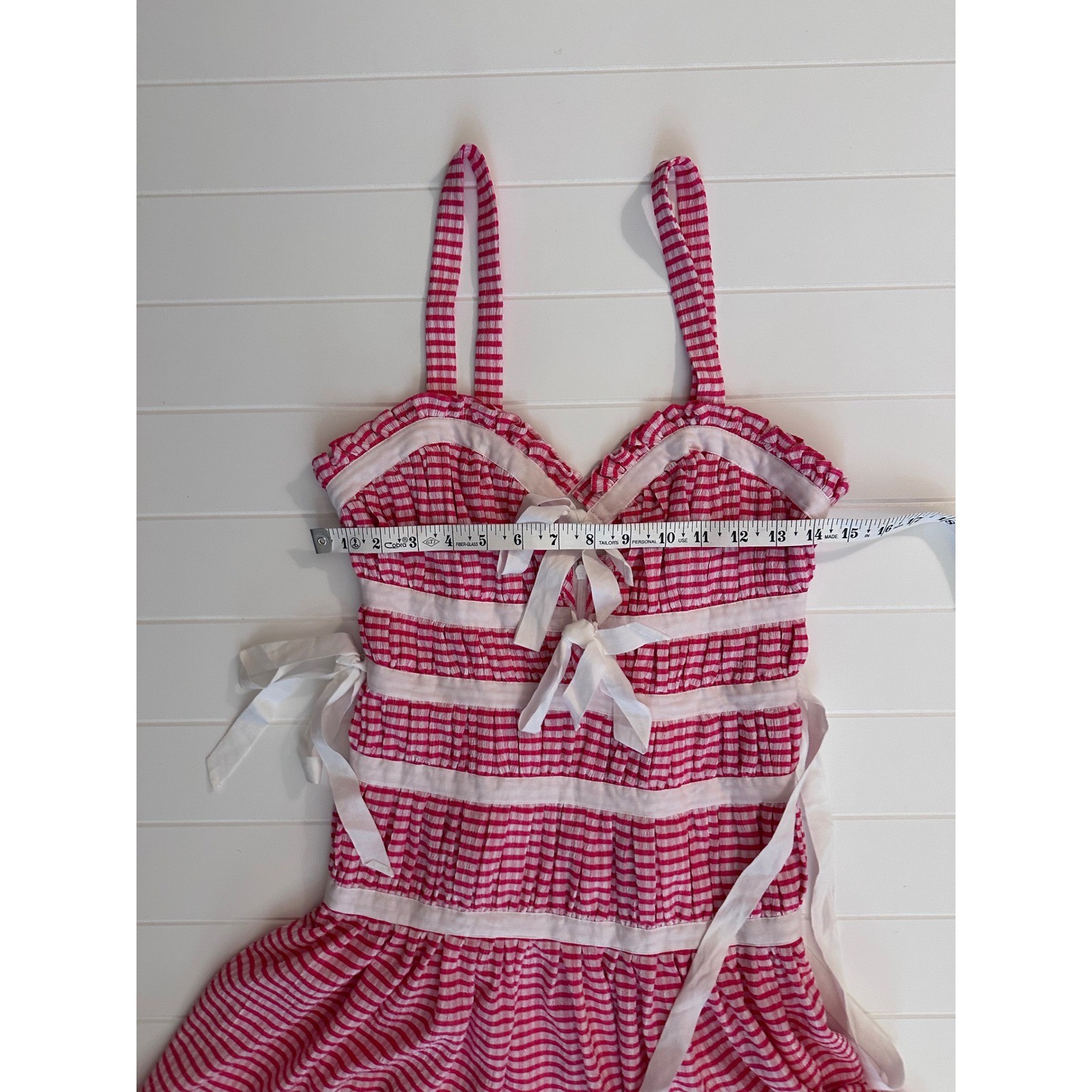 LPA Revolve Pink Gingham cottagecore milkmaid Mini Dress Ribbon Tie Smocked XS