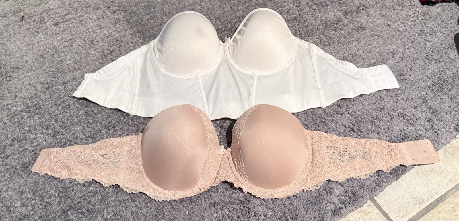 2 Strapless Bras – White Longline & Nude Lace – Size 34DD/DDD – Used, Stains