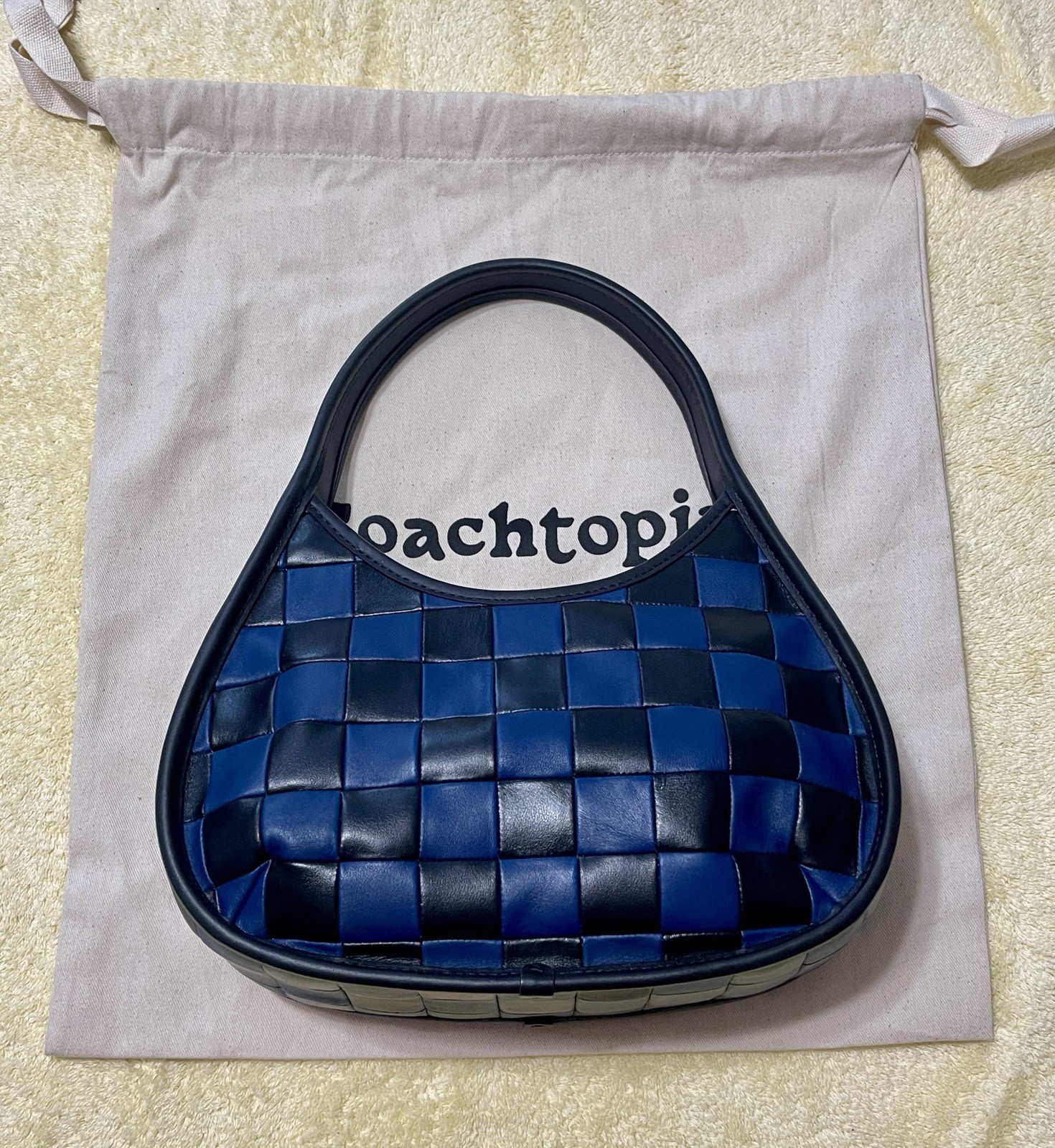COACH COACHTOPIA ERGO NAVY BLUE AND BLACK WOVEN CHECKERBOARD LEATHER BAG PURSE