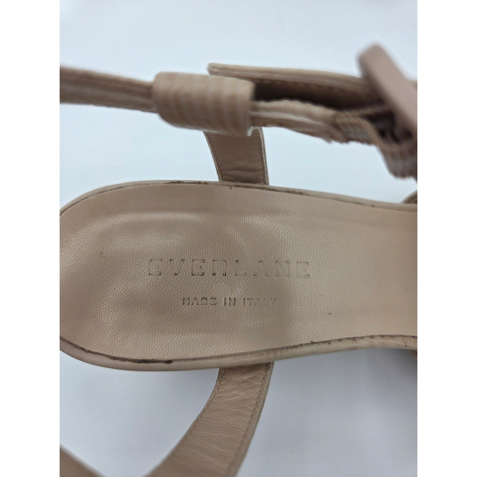 Everlane Lizard Embossed Leather Block Heel Sandals Beige Ankle Strap Made Italy