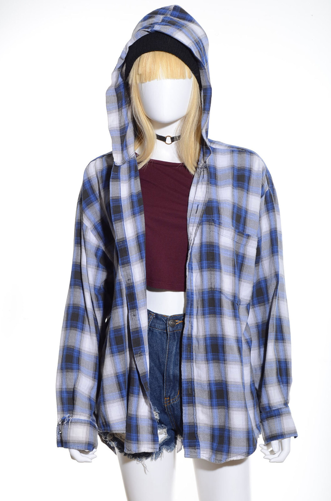 Vtg 90s PLAID Flannel HOODED Grunge Hip Hop Oversized Jacket Boyfriend Shirt Top