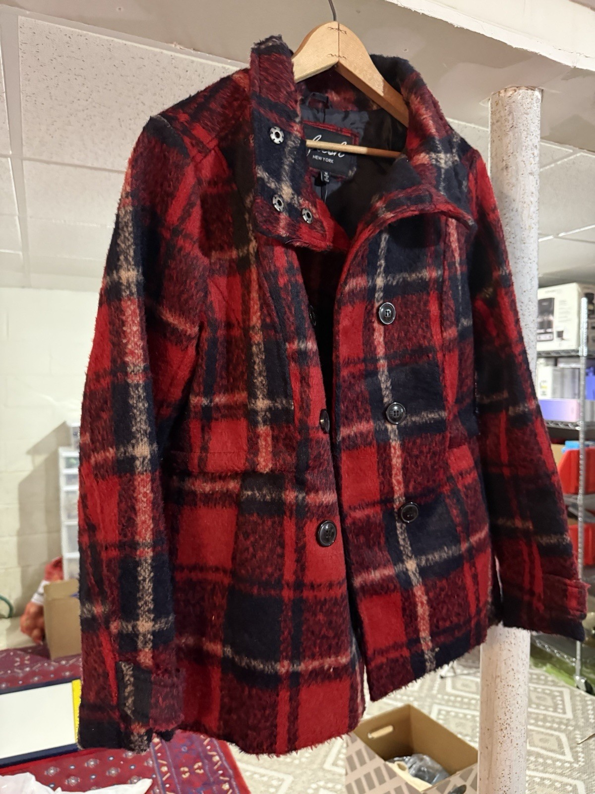 New Fresh New York Red Plaid Double Breasted Pea Coat Size M Misses Womens