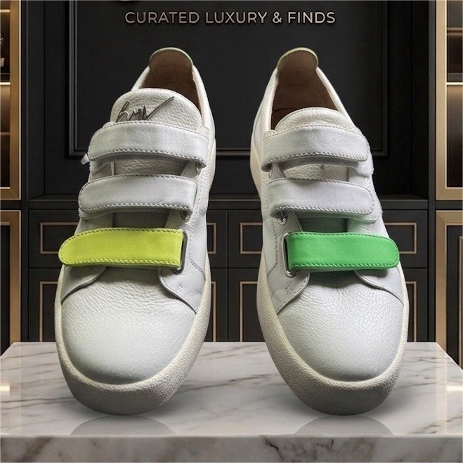 Giuseppe Zanotti Men’s Low Top Hook & Loop Leather Sneakers, White/Green/Yellow