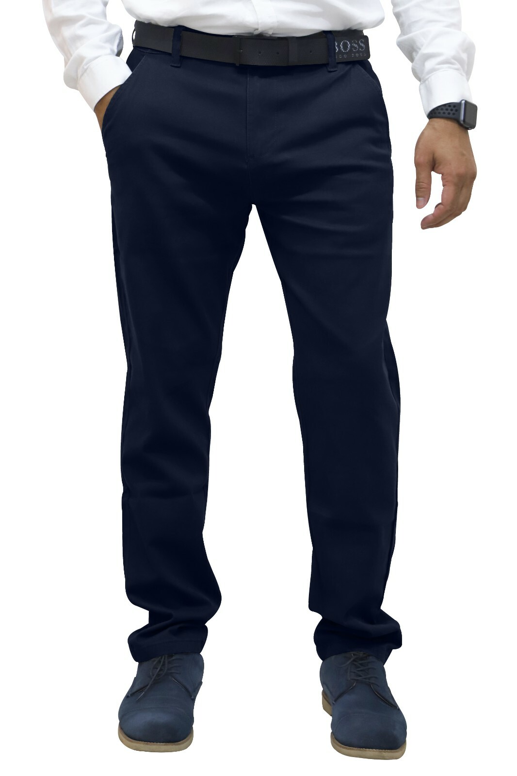 Mens Regular Fit Chino Trousers Stretch Casual Cotton Flat Front Flex Full Pants