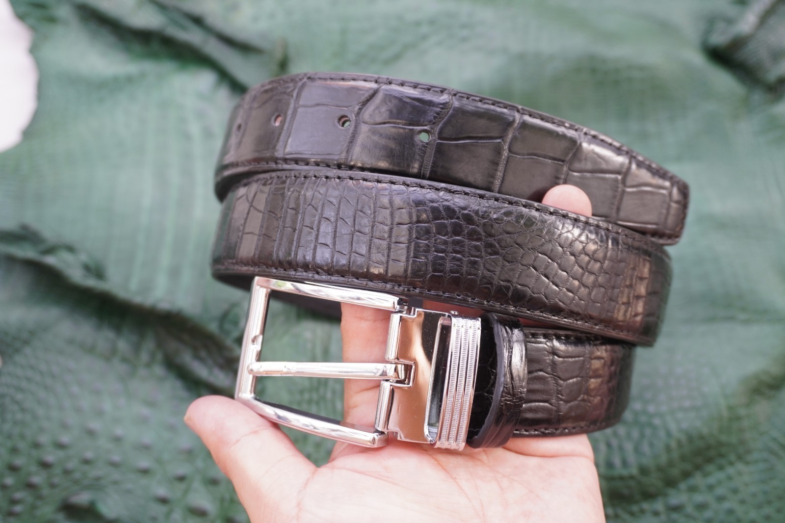 W1.3 inch Black Genuine Crocodile Belly Leather Skin Men’s Belt Plus Buckle #Z15