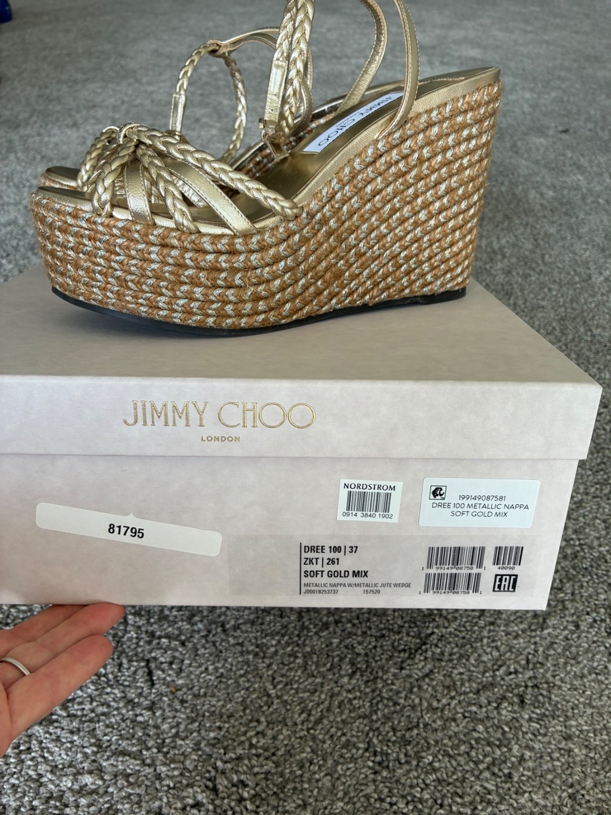 Jimmy Choo Dree 100MM Espadrilles Women US7 EU37 Metallic Soft Gold Wedge Sandal