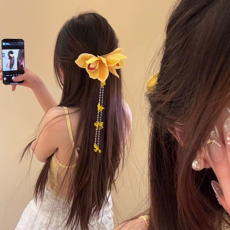 Yellow Magnolia Flower Hair Clip for Women Tassel Head Flower Accessories