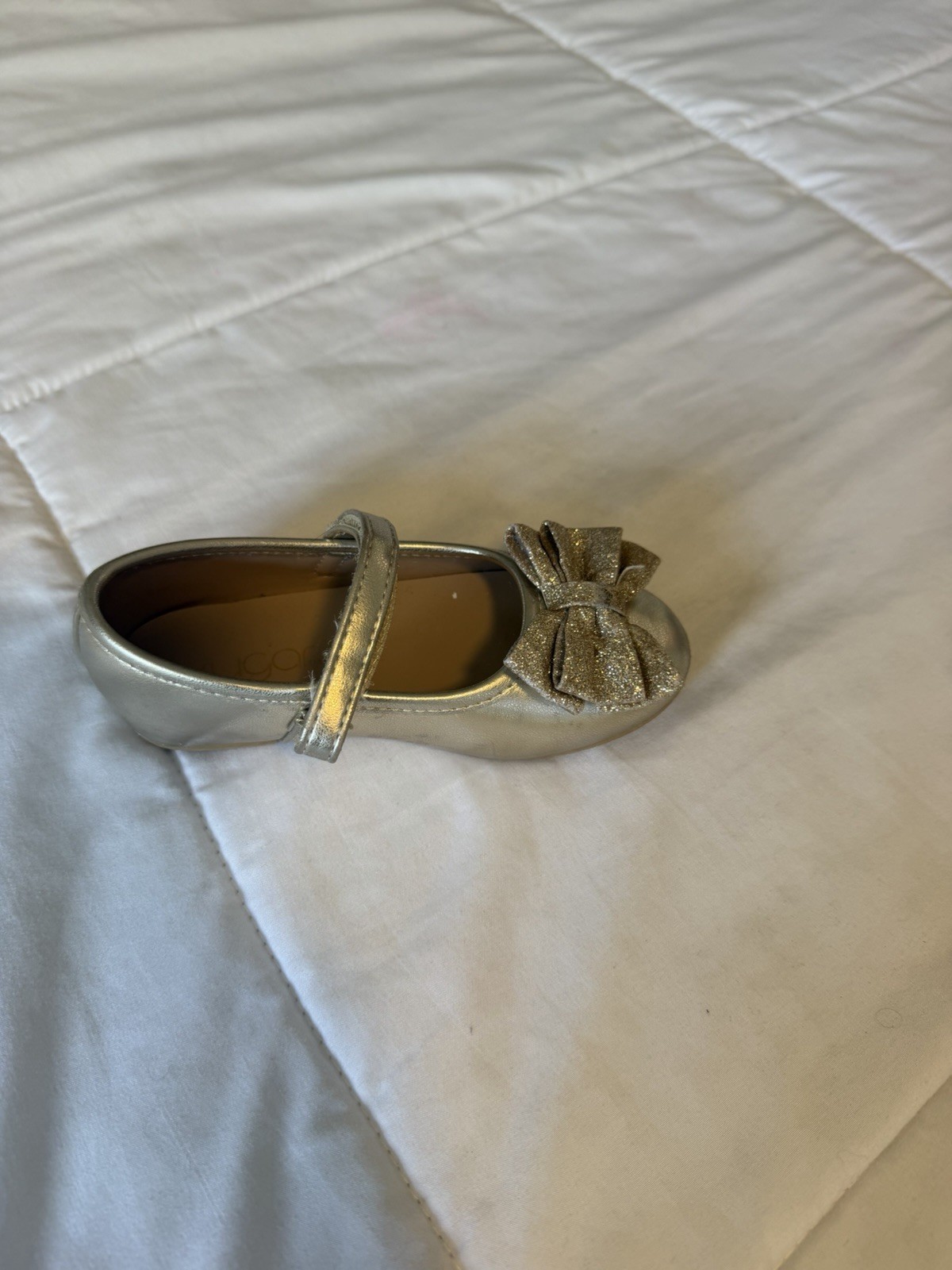 Girls Silver Glitter Bow Mary Jane Flats Hook & Loop Strap Round Toe US 8
