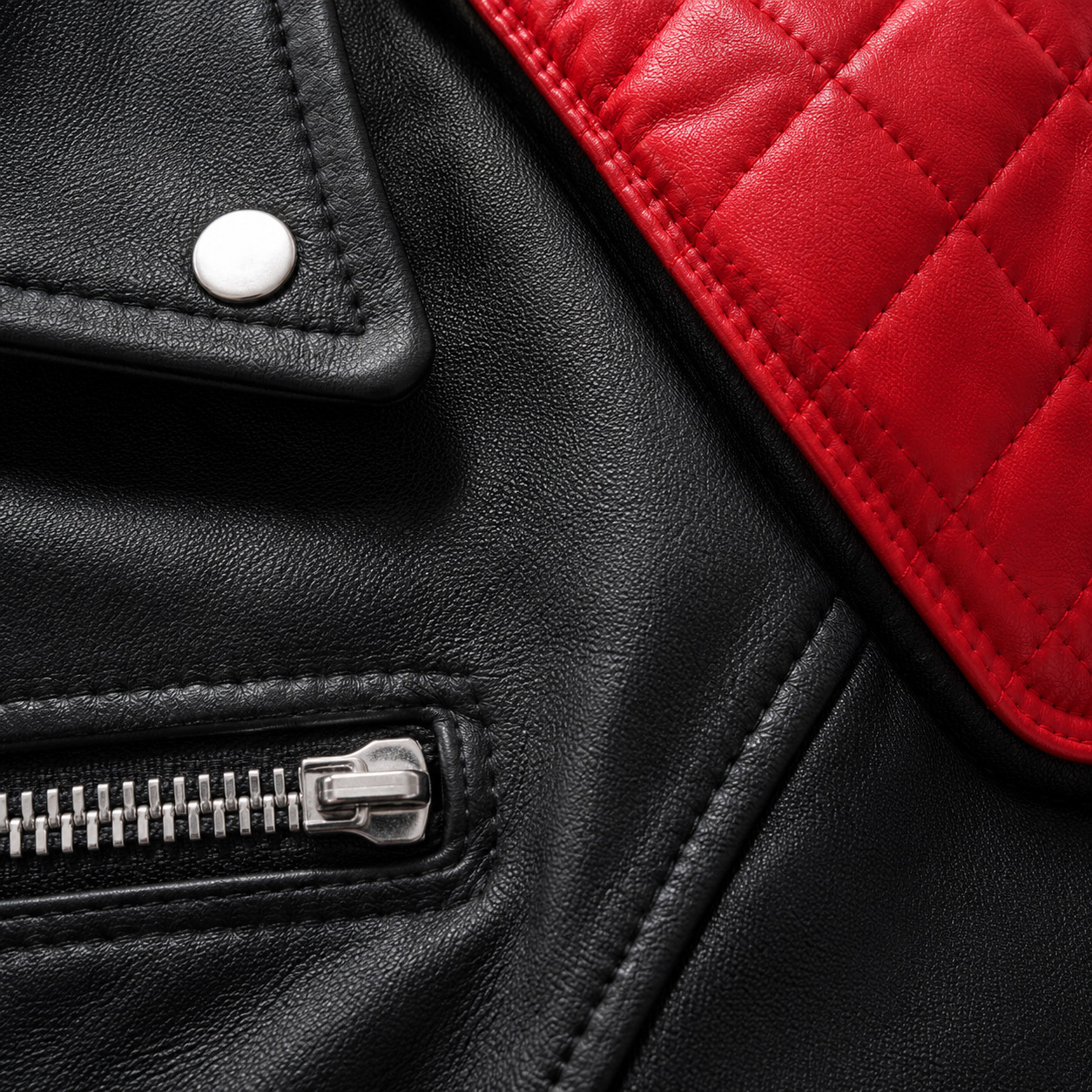Men’s Black Leather Motorcycle Biker Jacket Red Quilted Slim Fit S-3XL