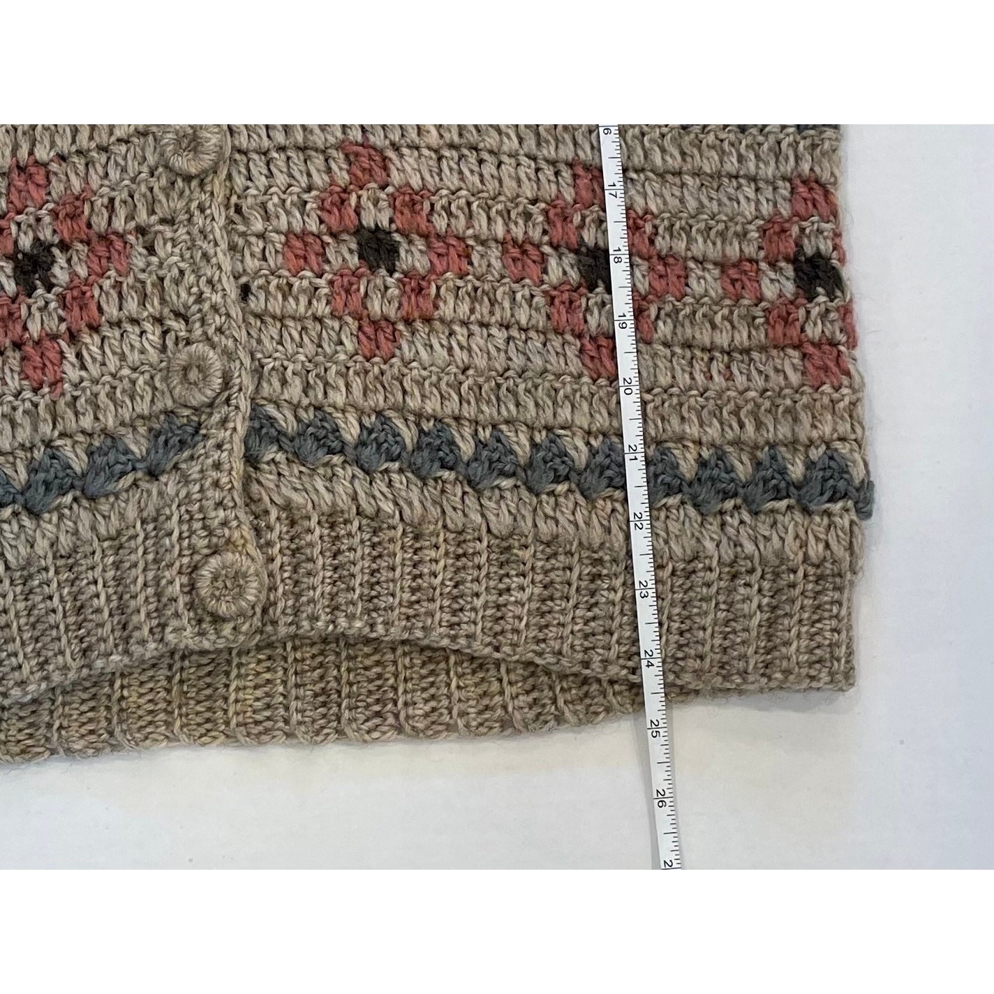 Vintage Lord & Taylor Tan Wool Blend Open Knit Crochet Cardigan, Floral, Size L