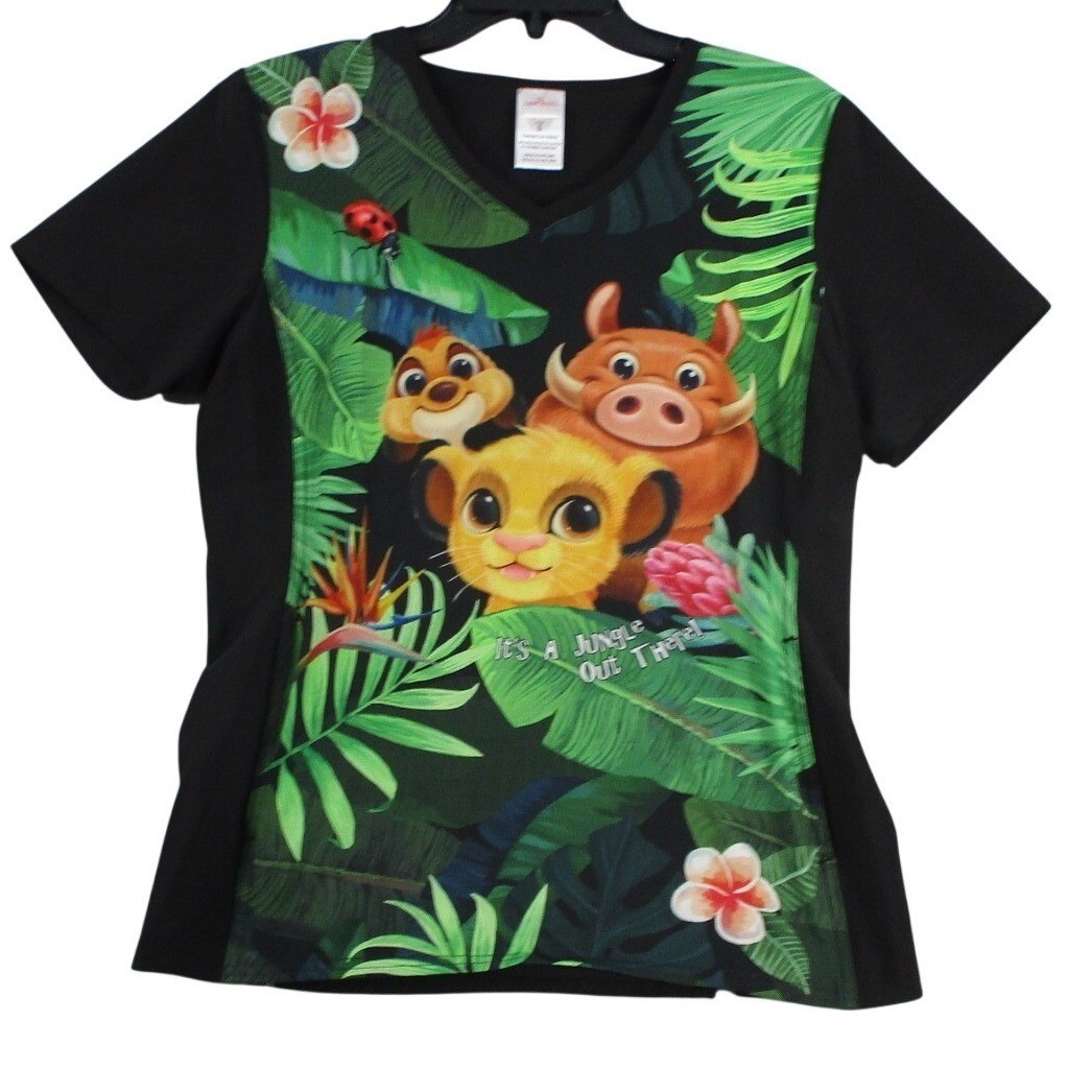 Disney Lion King Scrub Top Womens Small Simba Timon Pumbaa Jungle Print V-Neck