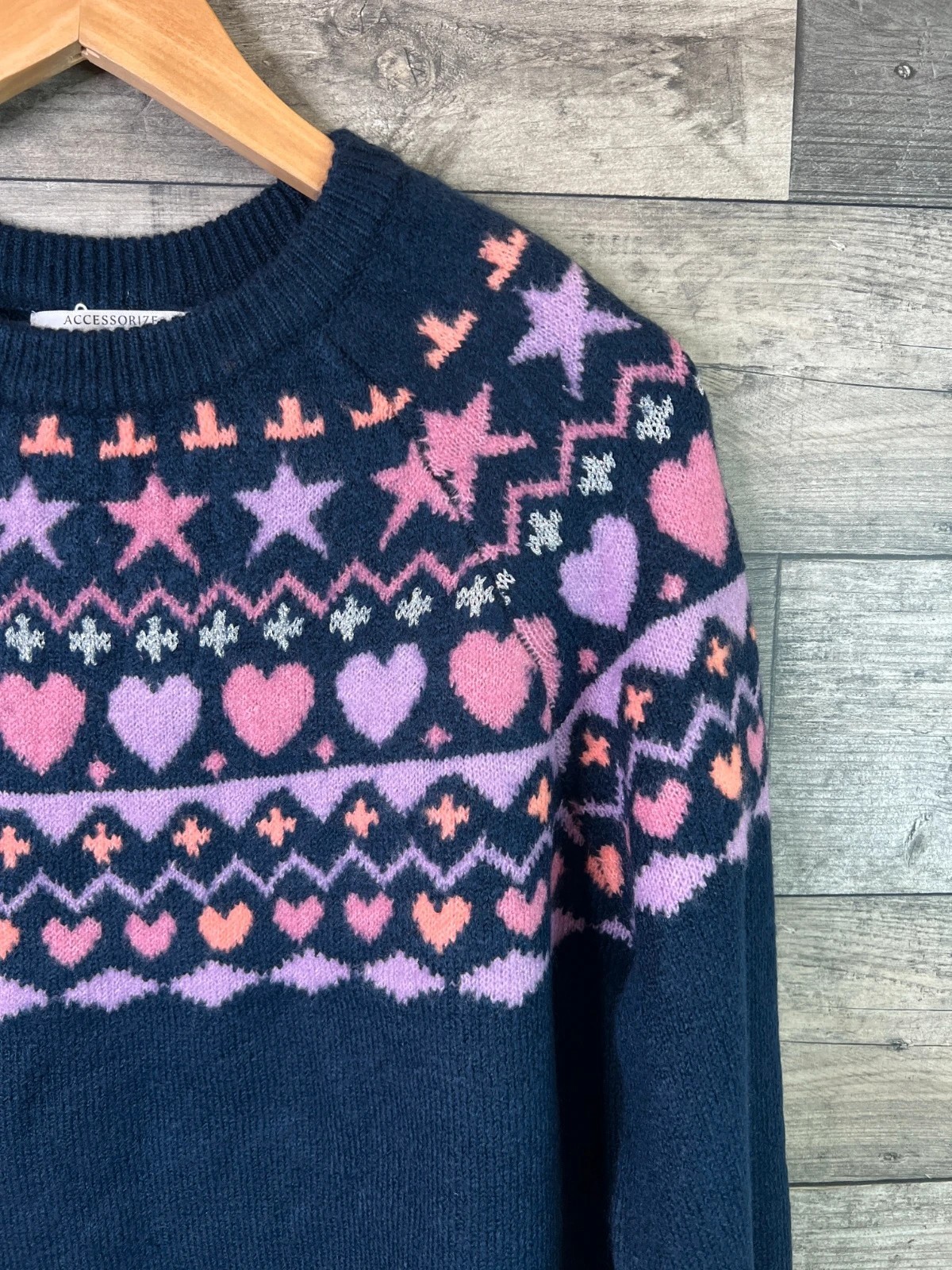 Monsoon Womens Jumper Size Large Navy Pink Stars hearts Knit Fair Isle Sweater