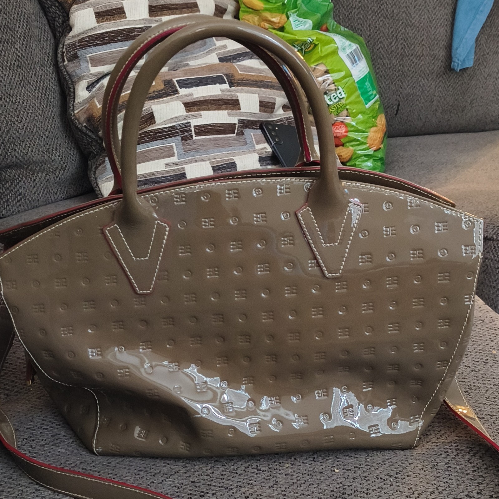 Arcadia Taupe Logo Satchel Top Handle Bag w/ Detachable Strap, Gold Hardware