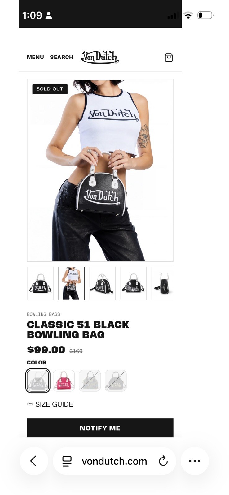 Von Dutch Classic 51 Black & White Flying Eyeball Bowling Crossbody Bag NWT Punk
