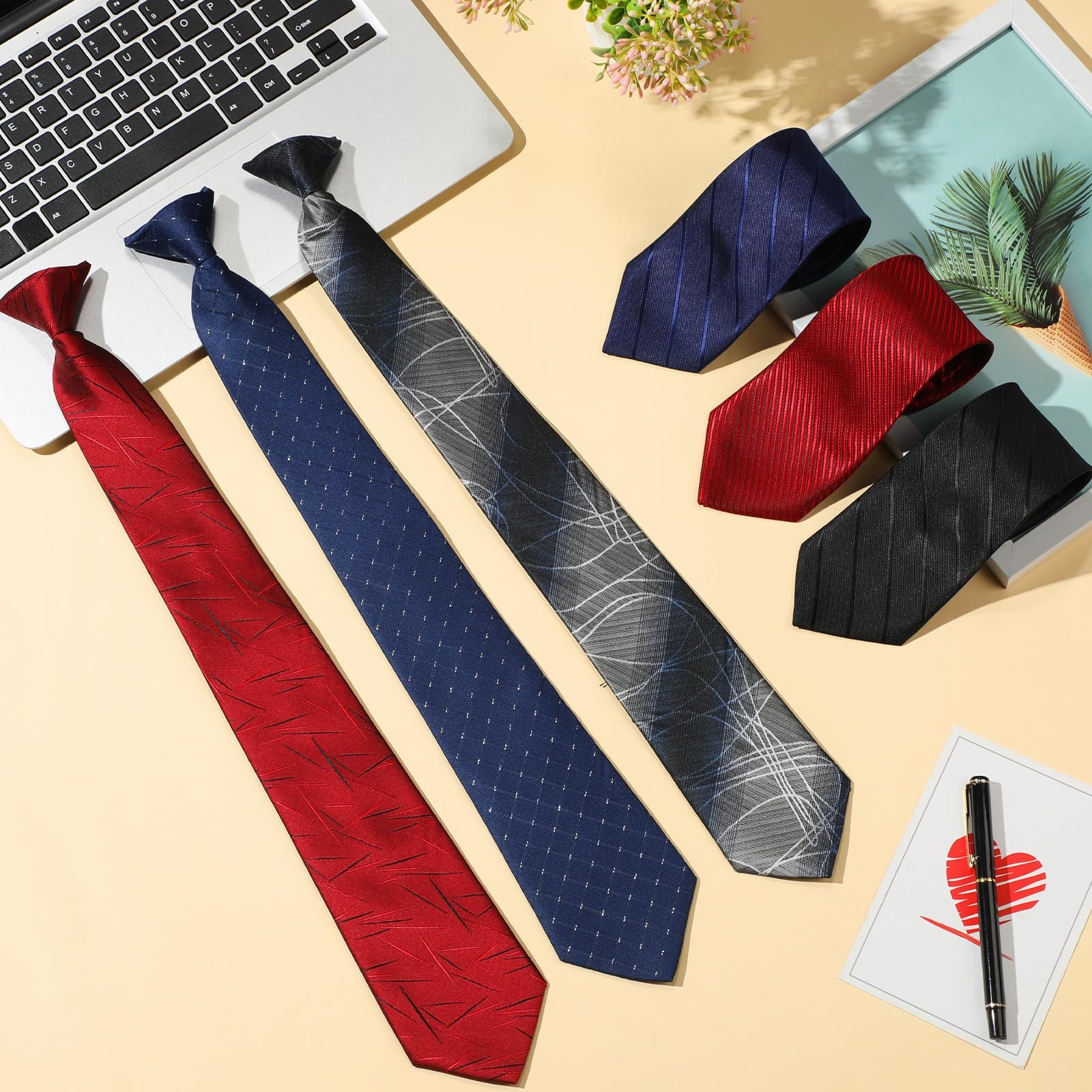 6 Pcs Clip-On Ties for Men, Striped Solid Plaid Dots, 20 Inch