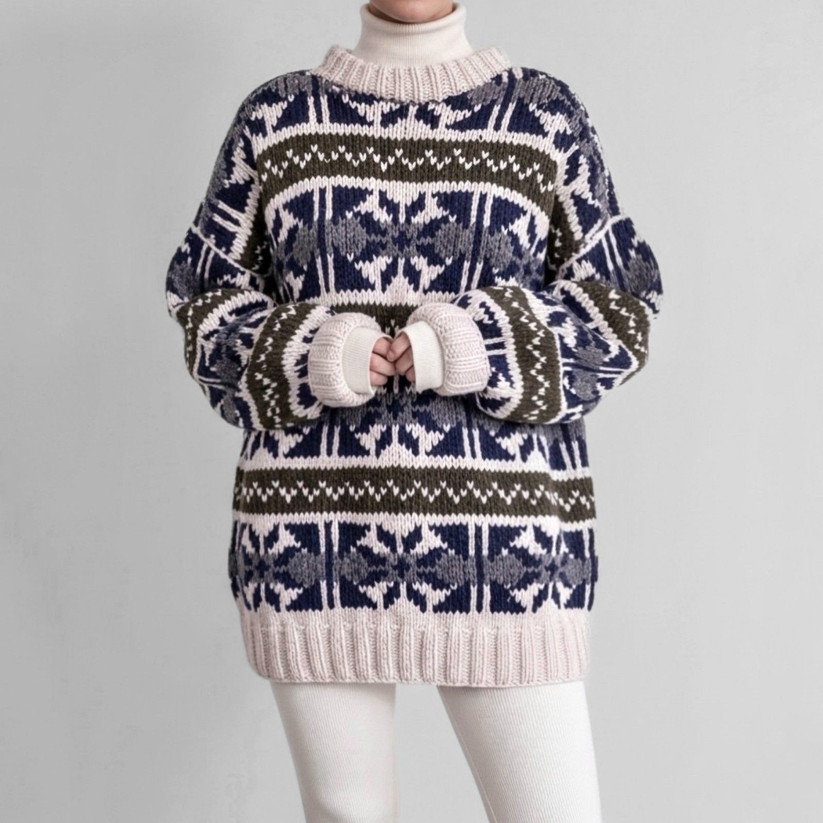 100% Wool Scandi Nordic Fair Isle Sweater Cabincore Apres Jumper Chunky Vintage