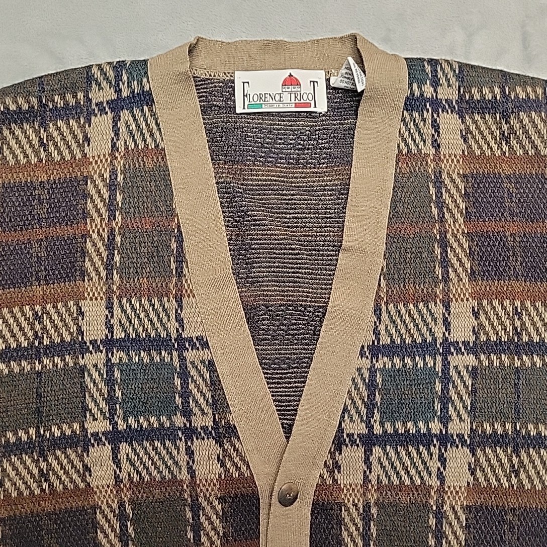 Vintage Florence Tricot Cardigan Sweater Men XL Plaid Wool Blend Made in Italy