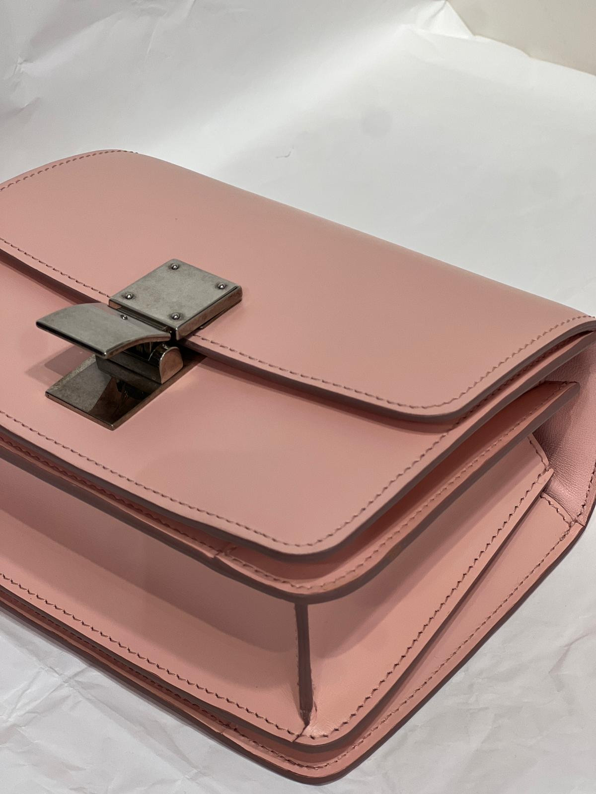 Authentic Celine Classic Box Mini Smooth Calfskin Shoulder Bag Pink Silver-Tone