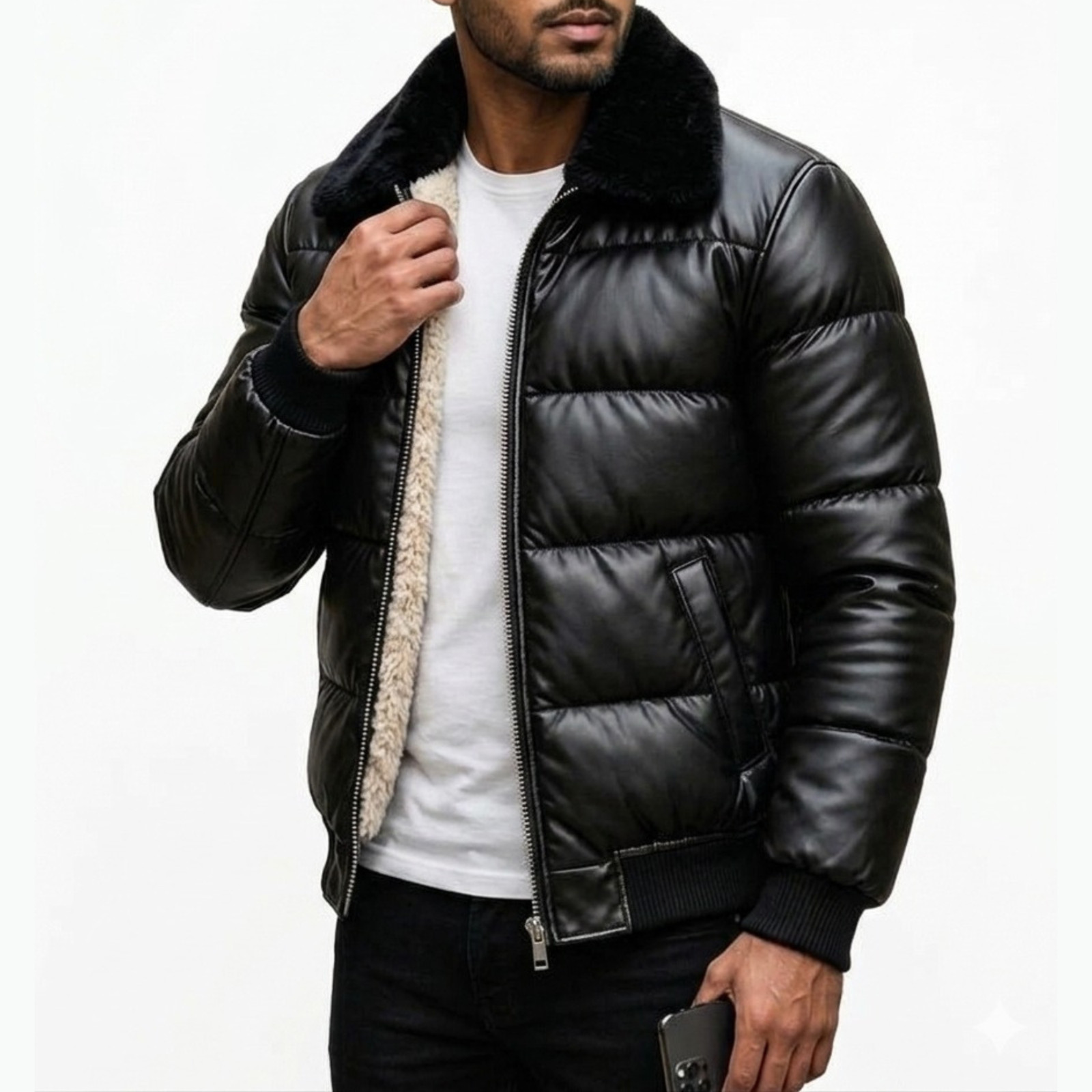 Men’s Black Leather Puffer Jacket with Faux Fur Collar, Winter Bomber Jacket