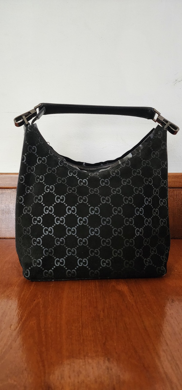 VTG Gucci Black Suede GG Monogram Hobo Bag Tom Ford Era Engraved Metal Hardware