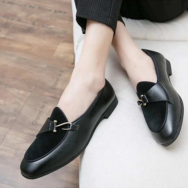 Men’s Slip on Velvet Leather Splicing Shoes Flats Oxfords Hook Driving Fashion
