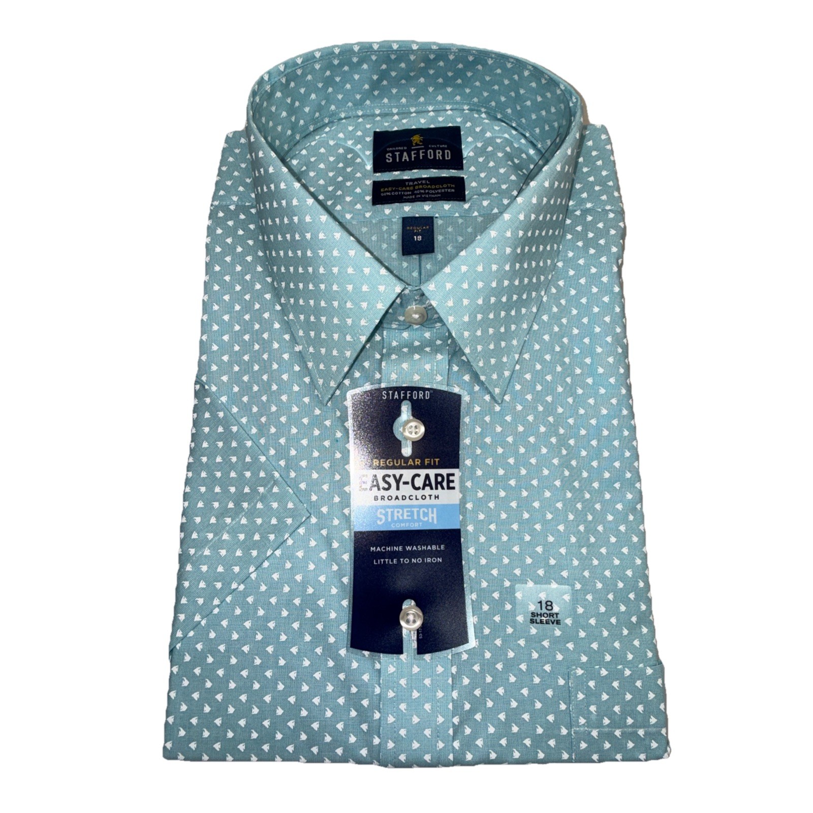 Stafford Easy Care Broadcloth Stretch Size 18 Short Sleeve Shirt Teal EOE Fish