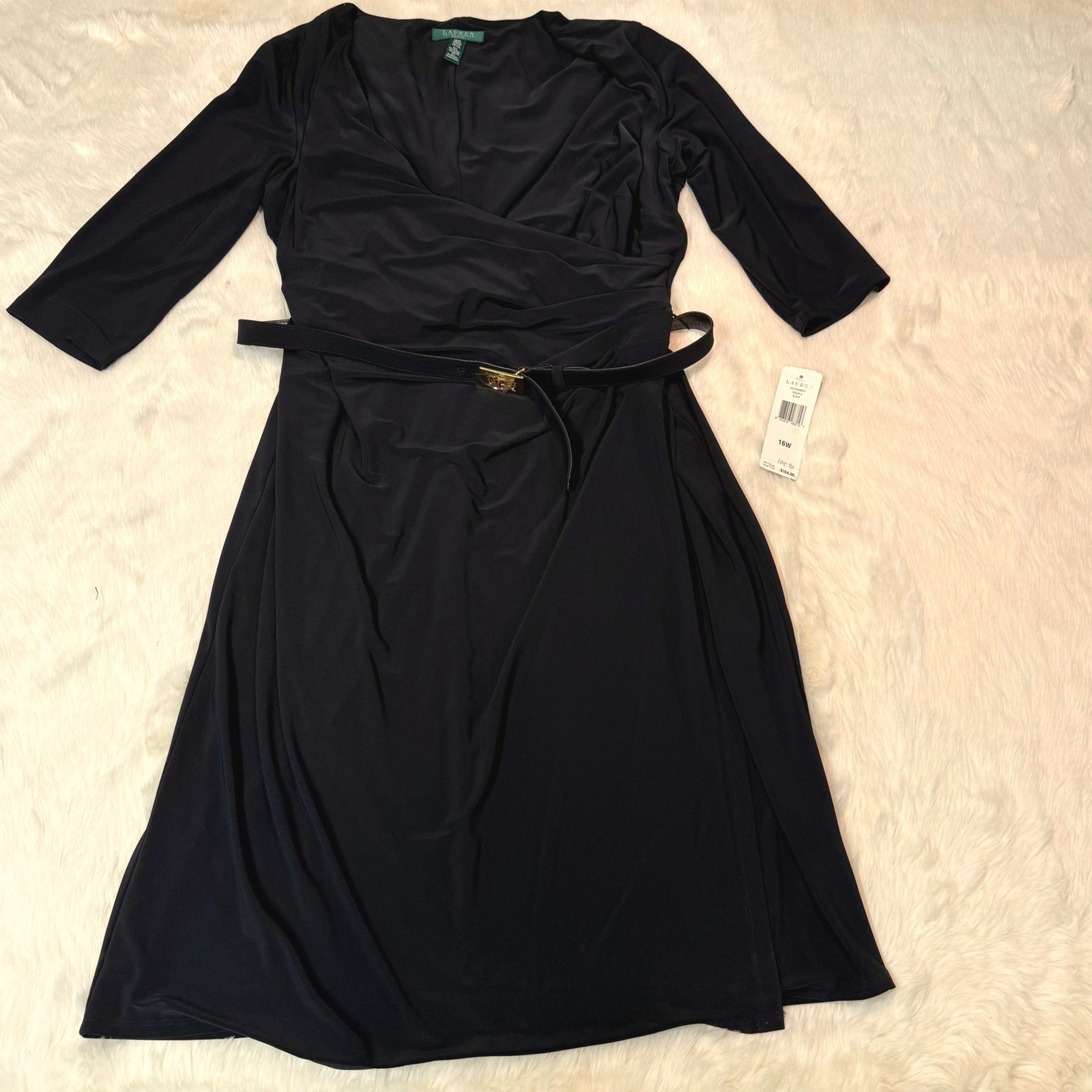 NWT Lauren Ralph Lauren Faux Wrap Dress Womens 16W Black 3/4 Sleeve V-Neck