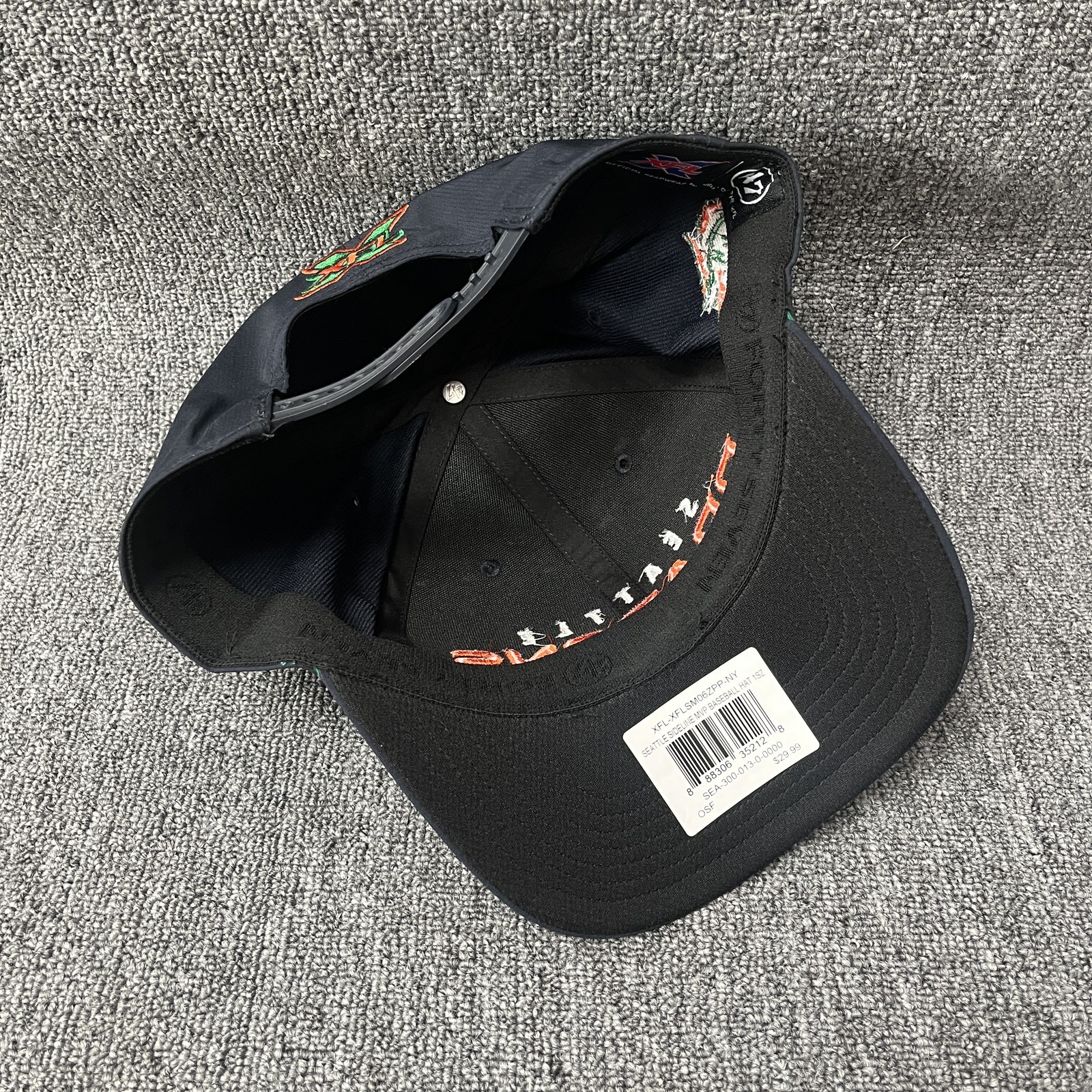 ’47 XFL Seattle Dragons MVP DP Adjustable Snapback Curved Brim Navy Orange Green