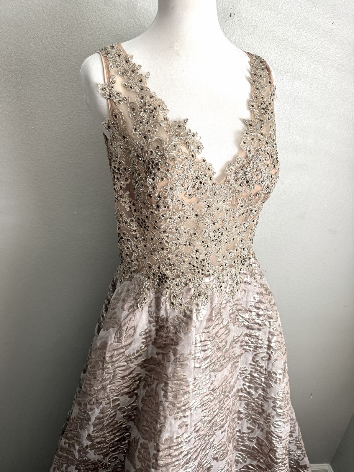Cecilia Couture Champagne Gold Brocade Ball Gown Beaded Formal Dress 12