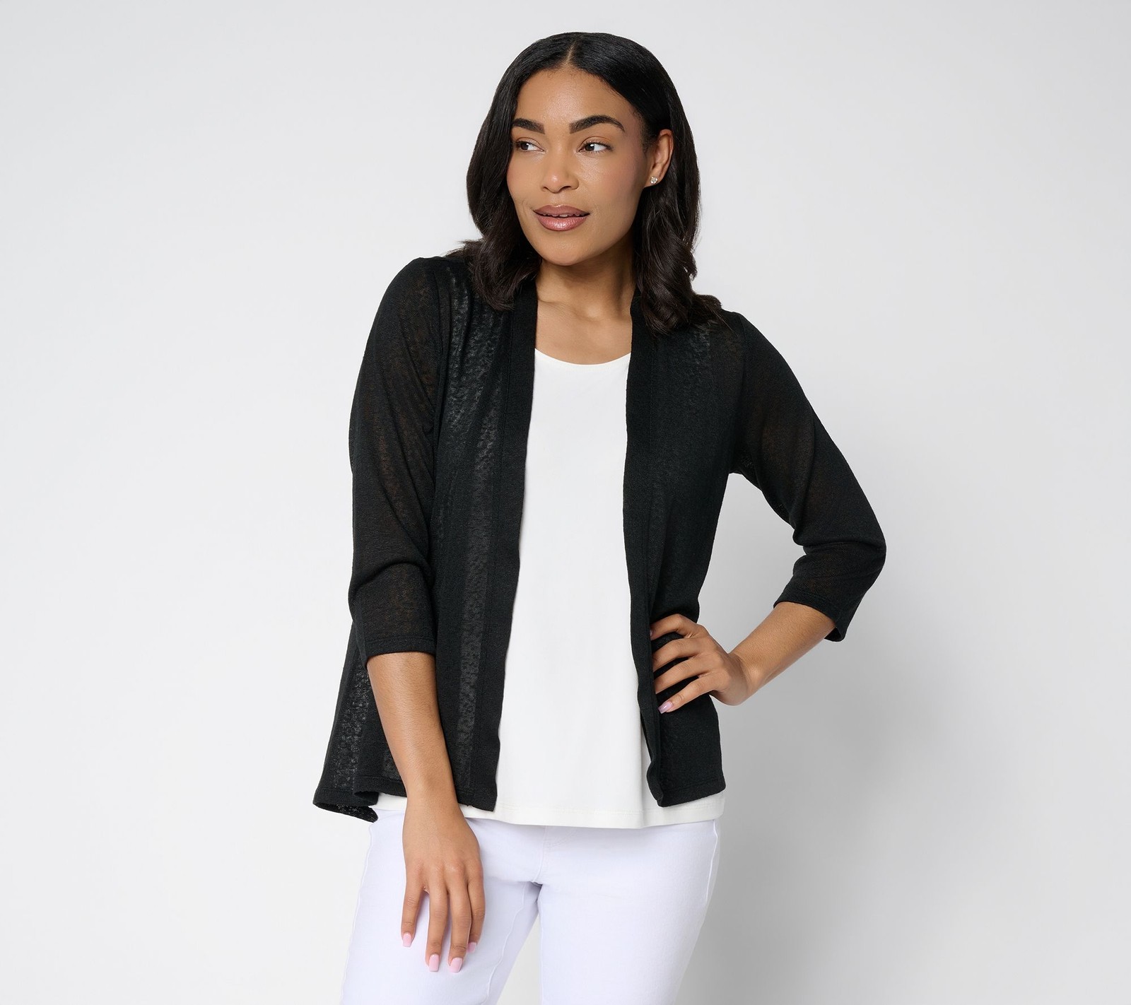 Denim & Co. Slub Knit Open Front 3/4-Sleeve Cardigan Black L New